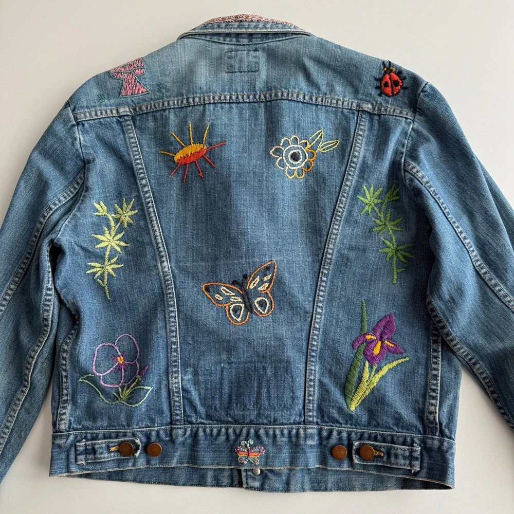 Wrangler VTG Made in USA Black Label Hand Embroidered Hippie Trucker Jacket M‎ - Picture 3 of 14